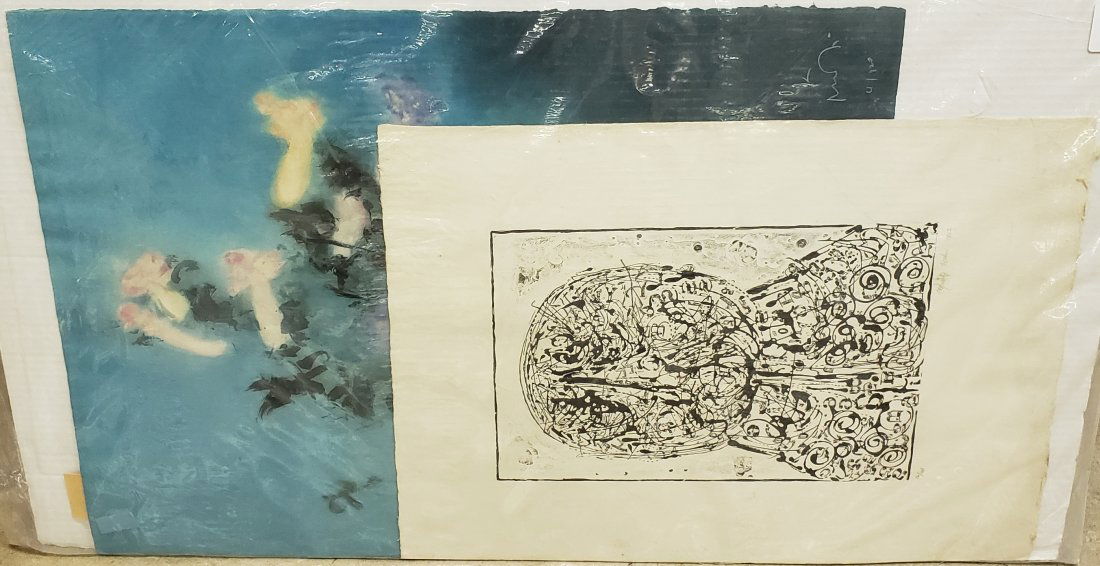 *3 UNFRAMED PIECES: Open bite aquatint etching by Kaiko Moti of still life of flowers, approximate work size 30" x 22", abstracted figure etching by Misch Kohn, work size 24" x 18 1/2", and watercolor of symbolistic figu