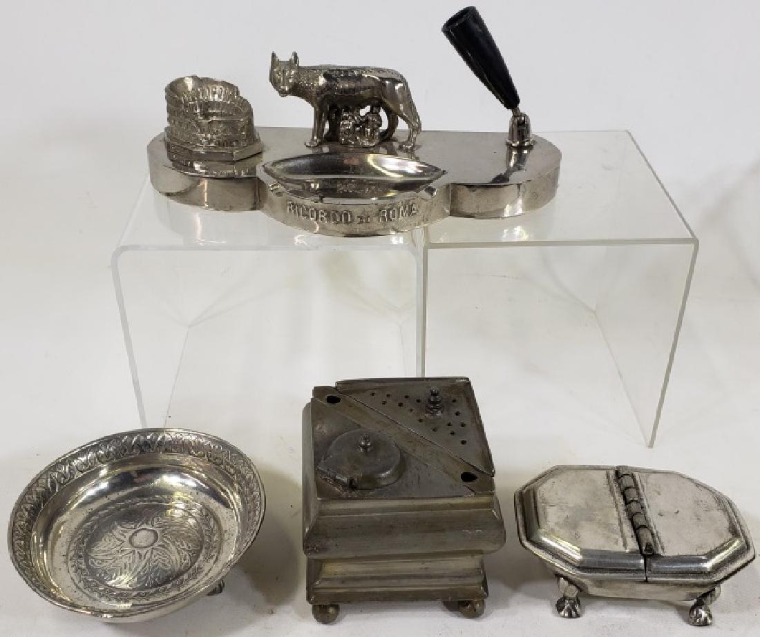 *GROUP OF EARLY SILVER AND PEWTER: Figural pen holder, approximate length 8", footed bowl, ink stand, and spice box.