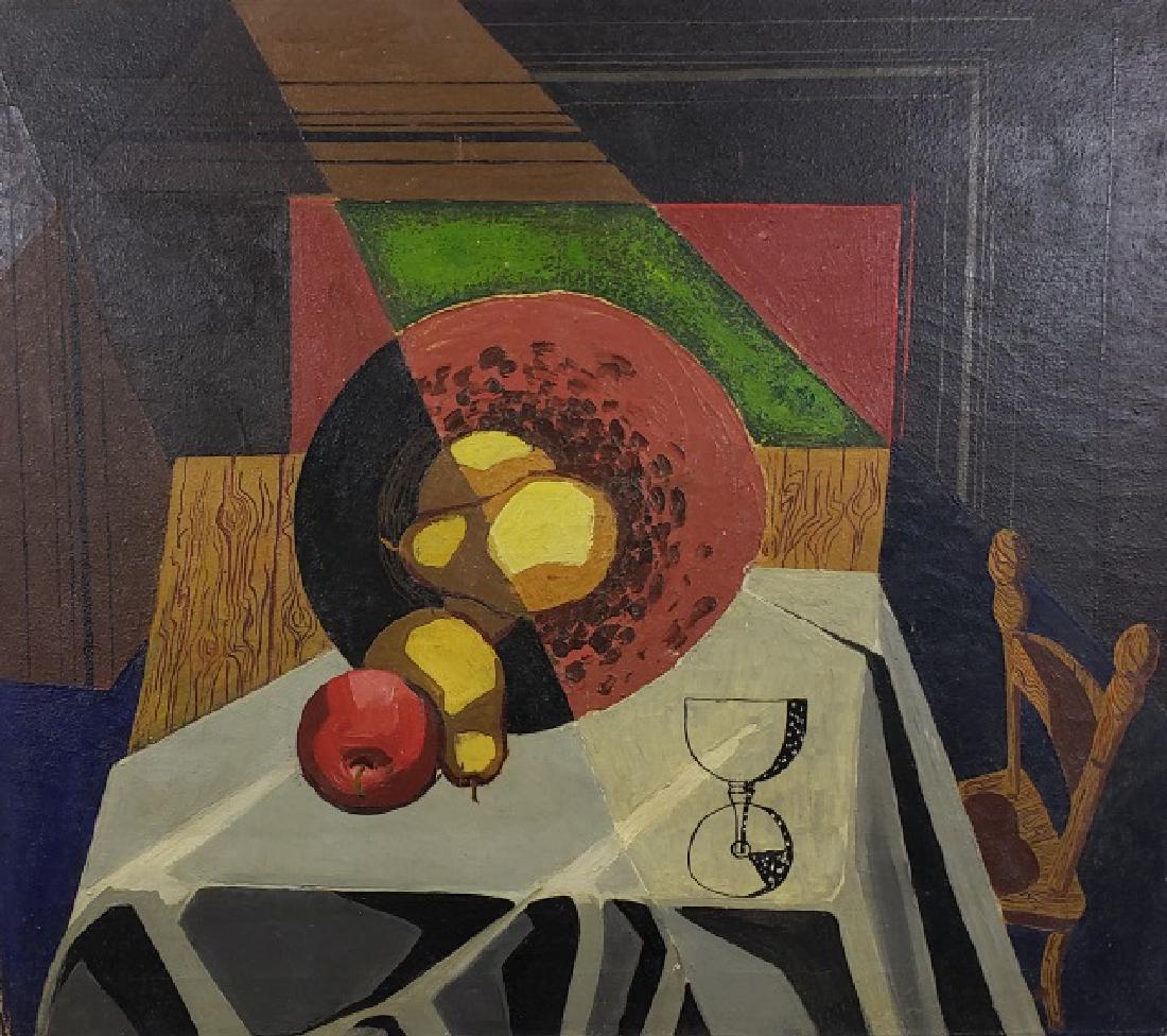 *STYLE OF GEORGES BRAQUE: (Mid 20th C. Unknown Artist) Interior still life with fruit on table, unframed oil on canvas signed "Richard" on verso, approximate work size 22" x 25".