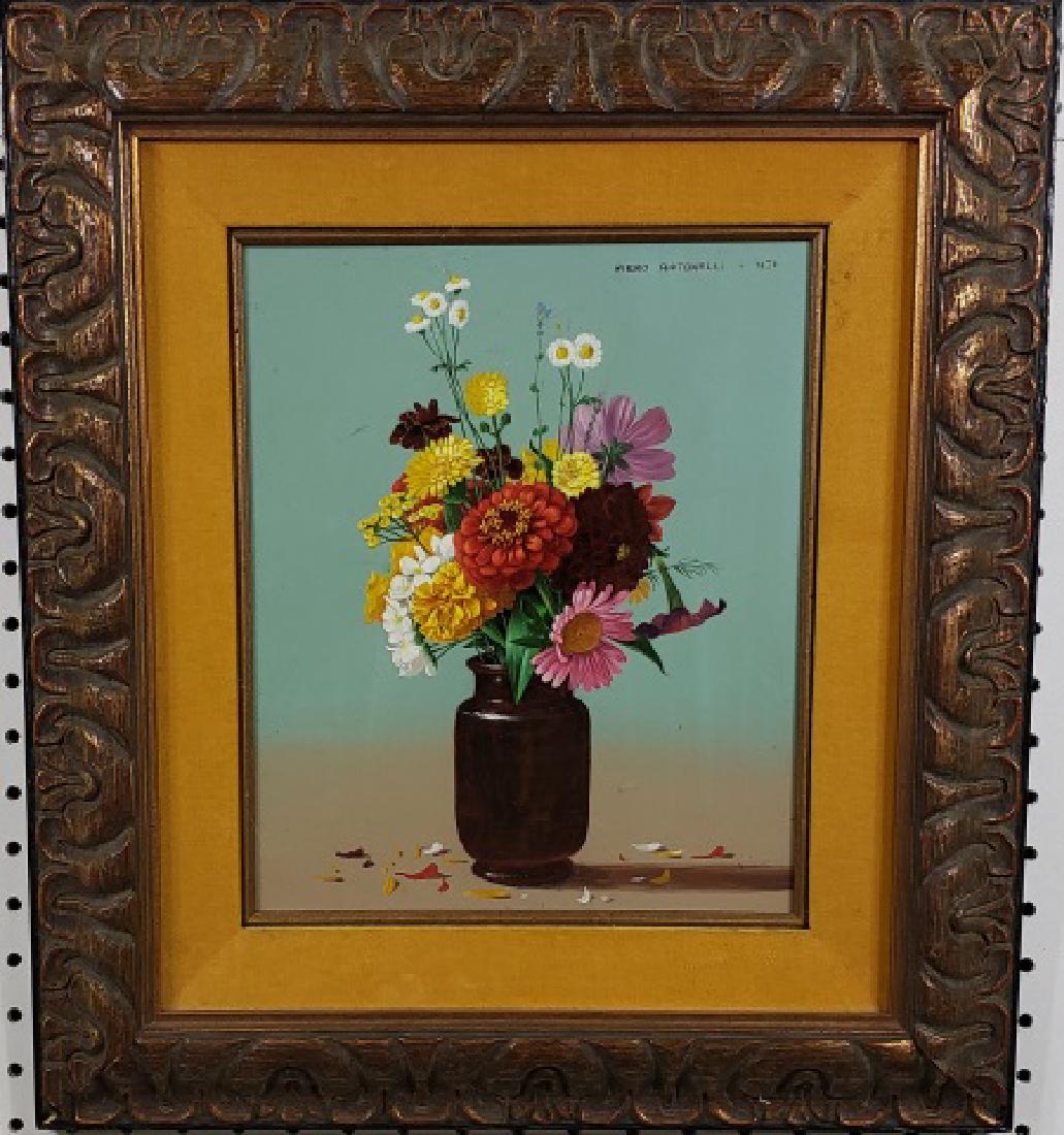 *ANTONELLI, PIERO: (1916-1992 Italian) Still life with flowers and vase, framed oil on masonite panel, signed upper right, approximate work size 11 3/4" x 10", frame 19 1/2" x 17".