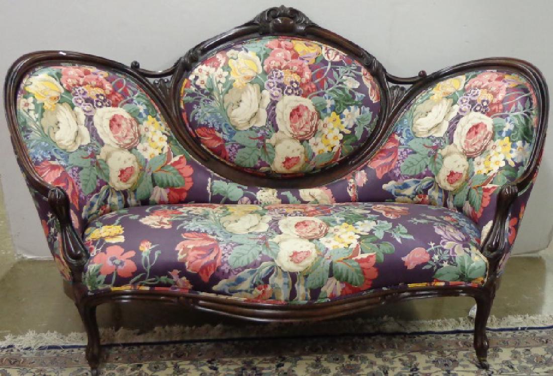 4 PIECE VICTORIAN PARLOR SET: Having floral upholstered back and seat, pair of settees, approximate height of one 41 1/2", width 16", the other approximate height 43 1/2", width 70", a gentleman's chair, approximate height 43 1/2"