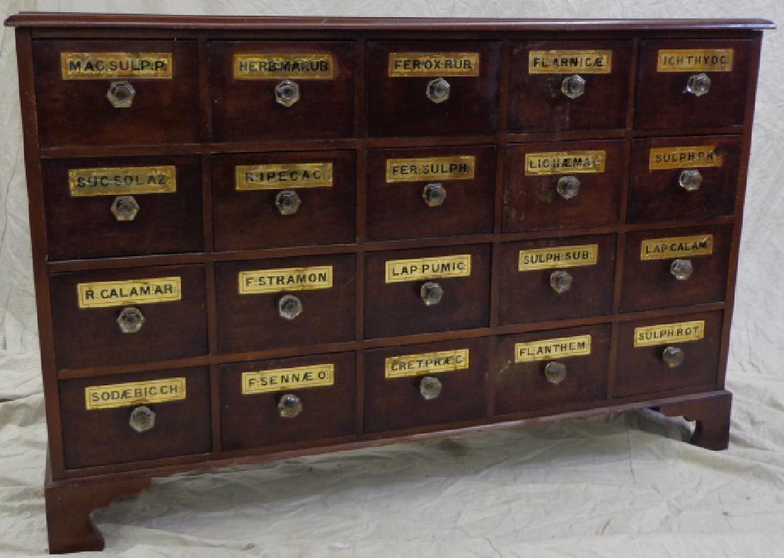 *APOTHECARY CABINET: Fitted with 20 drawers and raised on bracket feet, approximate height 30 1/2", width 46", depth 10".