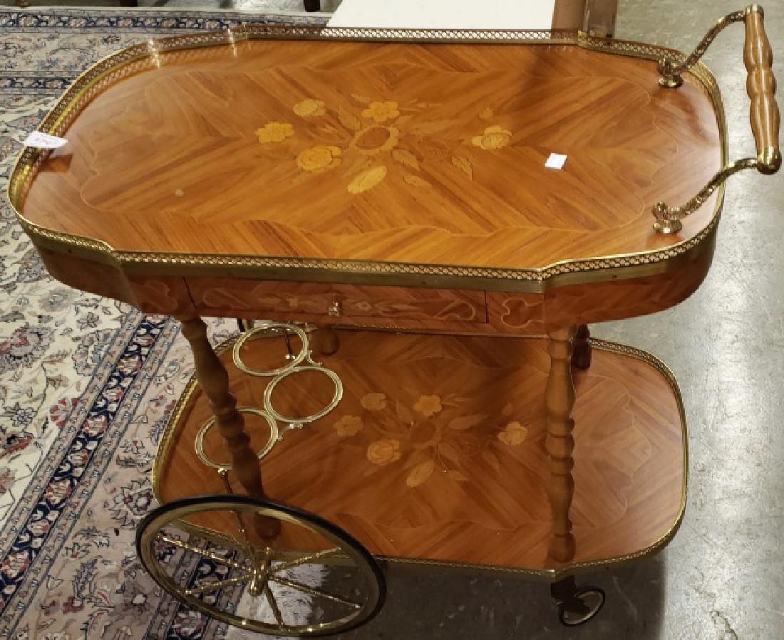 *ITALIAN STYLE SERVING CART: Fitted with single drawer, top and platform stretcher having inlaid floral decoration and brass gallery, approximate height 27 1/2", width 28 1/2", depth 16".