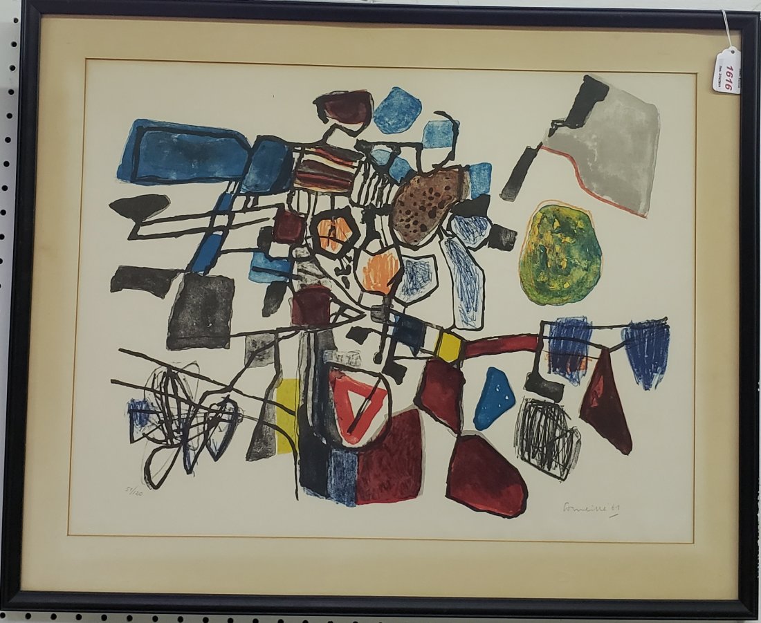 *CORNEILLE, GUILLAUME: (1922-2010 French) "Heure Matinelle", framed colored lithograph, signed and dated 1967 lower right, numbered from edition of 120 lower left, published by Oeuvre Gravee with publisher's mark embossed l