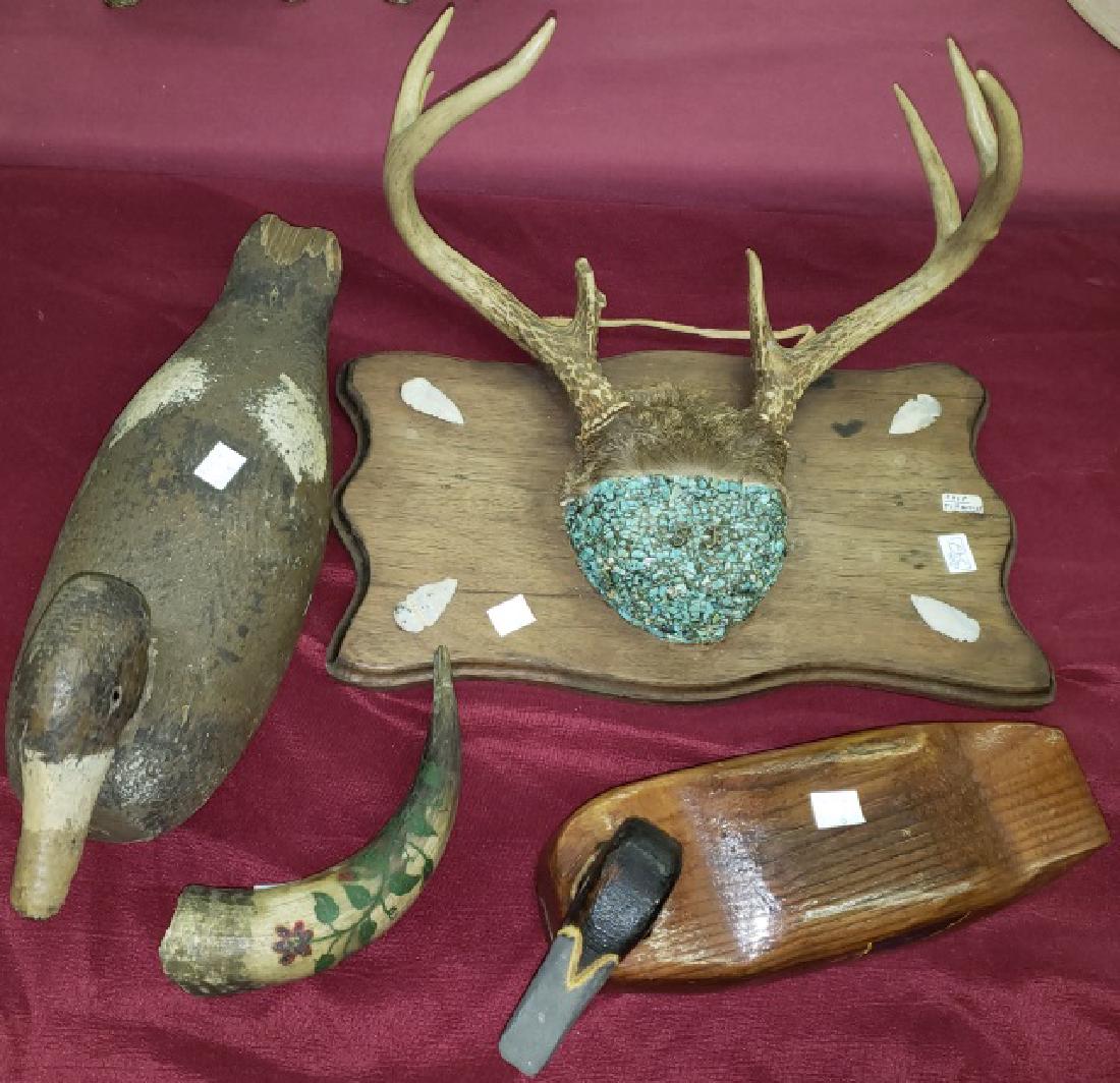 *GROUP: 2 duck decoys, painted horn, and wall mount antlers.