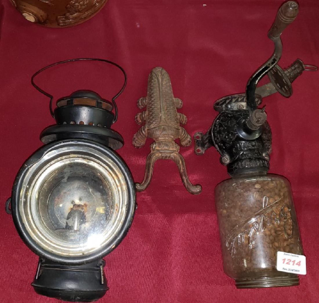 3 PIECES: Coffee grinder, lantern, and boot jack.