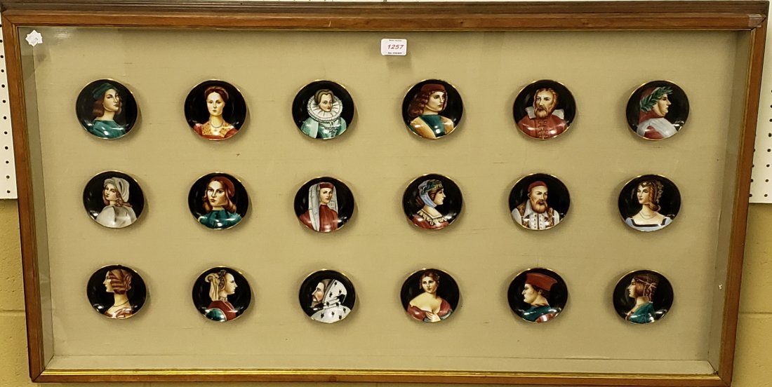 18 PORTRAIT PLATES: 14th-16th C. figures, approximate diameter 4", housed in shadow box, box approximately 26 3/8" x 48".