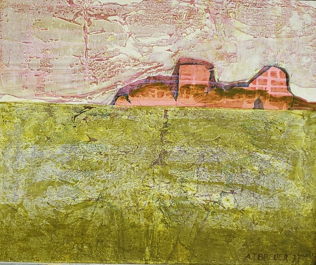 *BREUER, A.J.: (Mid 20th C. American) "Pink and Green Landscape, framed acrylic on canvas signed and dated 1977 lower right, approximate work size 19 1/2" x 23 1/2", frame 26" x 30".
