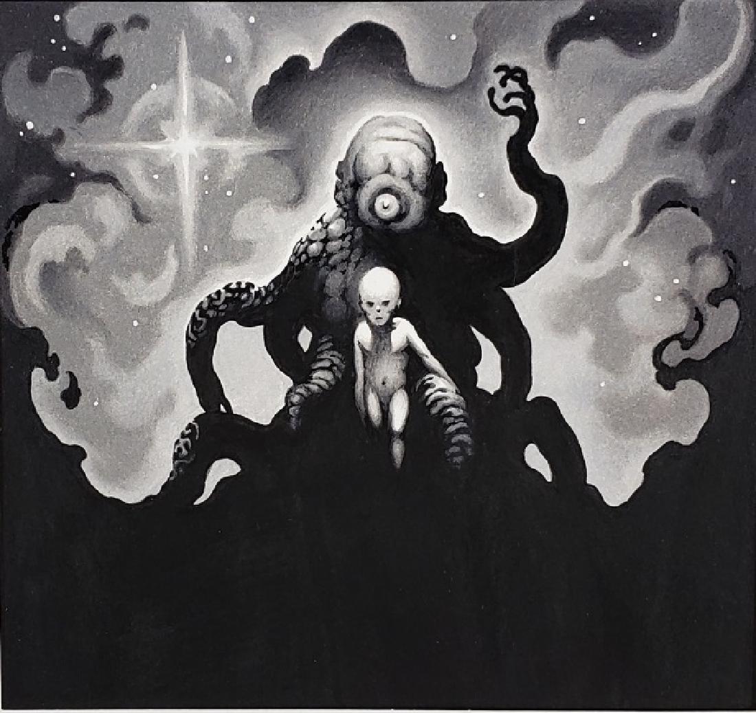 *FABIAN, STEPHEN: (Born 1930 American) Original illustration from the story Daemon, published in Fantastic July 1980 page 98, pencil, tempera, and ink on paper hinged to backing board, signed on mount on verso, collect