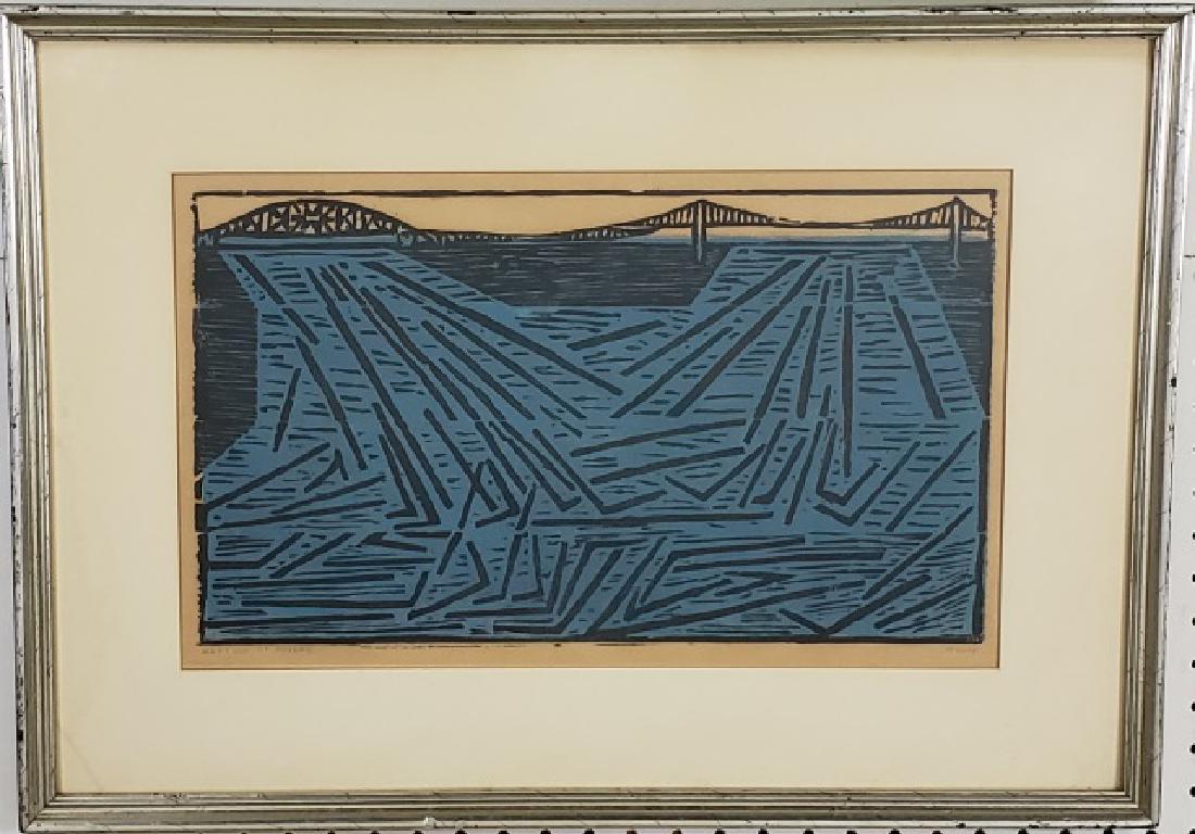 *HOFF, MARGO: (1912-2008 American) "Meeting of Rivers", framed woodblock print, signed lower right, approximate work size 10 1/2" x 17 3/4", frame 18 1/2" x 26".