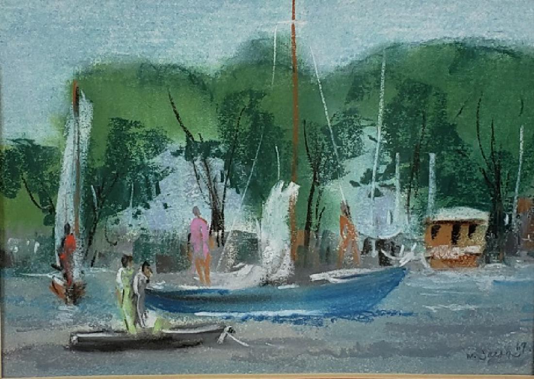 *JACOBS, WILLIAM: (Born 1897 American) Harbor scene with sailboats, framed pastel, signed and dated 1967 lower right, approximate work size 5" x 7", frame 19 1/2" x 20 1/2".