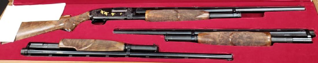 *WINCHESTER SHOTGUN: S/N: 2026600, cased, factory engraved, gold inlaid, model 12, pigeon grade 3 barrel, 12 gauge with 2 3/4" chamber, barrels are: 1) 26" vent rib with 2-3/4" chamber, improved cylinder choke, 2) 28" lon