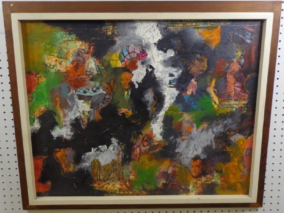 *BUTTON, MARY: (Mid to late 20th C. American) Abstract collage featuring photographic cut outs of famous celebrities, oil paints, and ink, mounted to masonite panel, signed lower right, approximate work size 23 1/2"