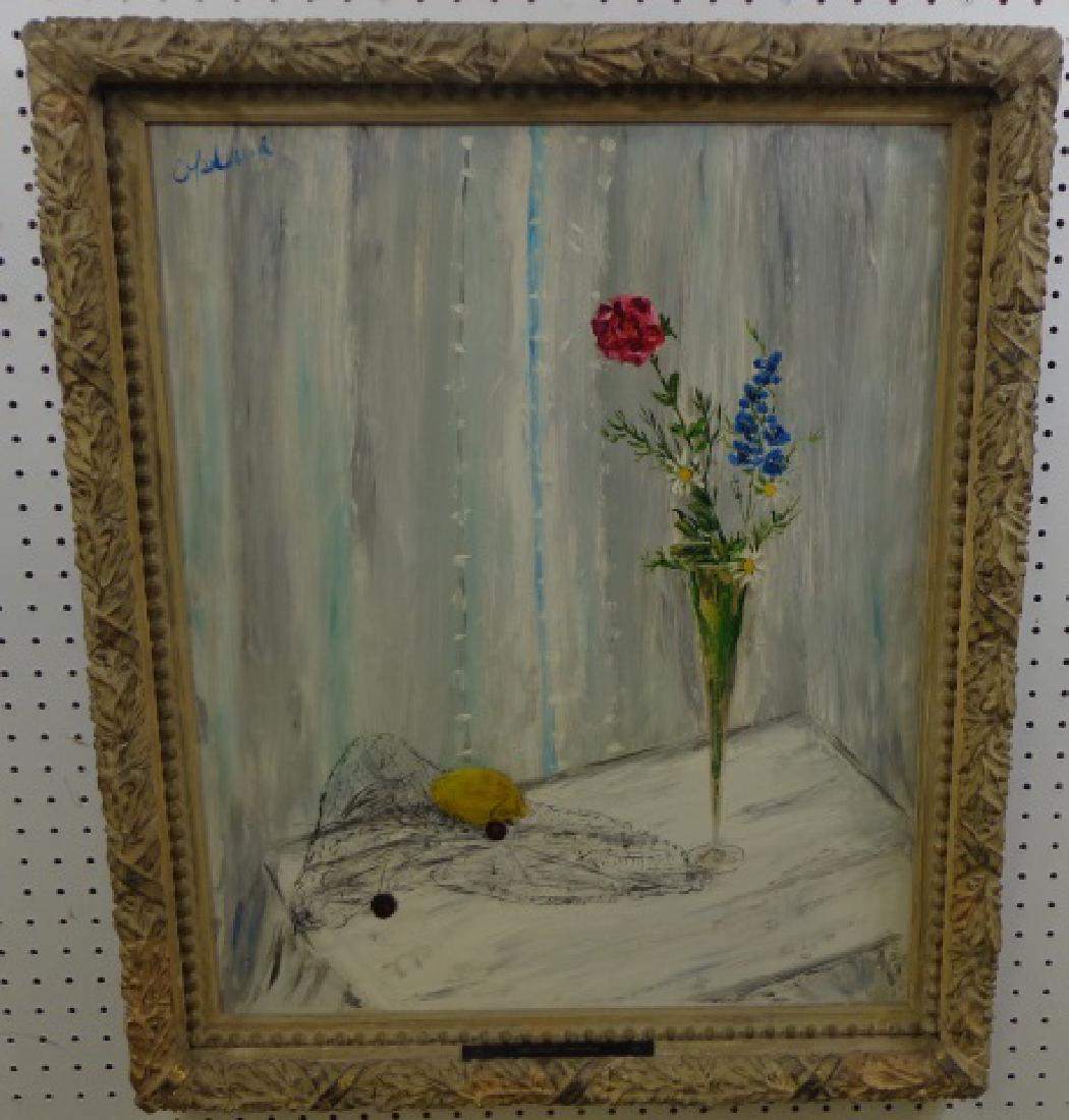 *BURG, COPELAND: (Born 1900 American) "Lace Curtains", framed oil on masonite panel, signed upper left, approximate work size 27" x 21 3/4", frame 31" x 26 1/4".