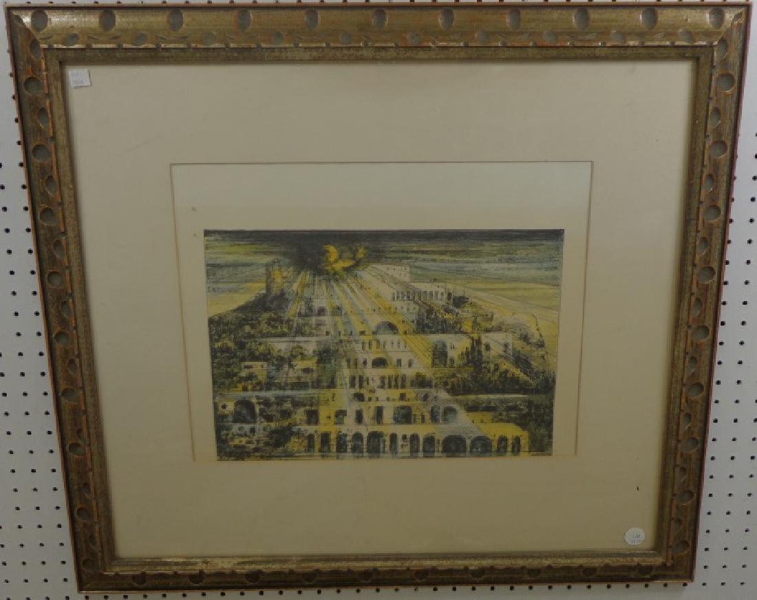 *BERMAN, EUGENE: (1899-1972 American) "Imaginary Mountain City", framed colored lithograph, likely signed on piece obscured by mat, approximate work size 14" x 16 1/4", frame 28 1/2" x 31 1/2".