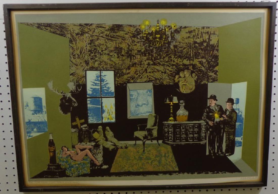 *BURKERT, ROBERT: (Born 1930 American) "The Interior with Stan and Ollie", framed serigraph, signed lower right, numbered from a total of 40 impressions bottom center, approximate work size 22 1/2" x 31 1/2", frame 24"
