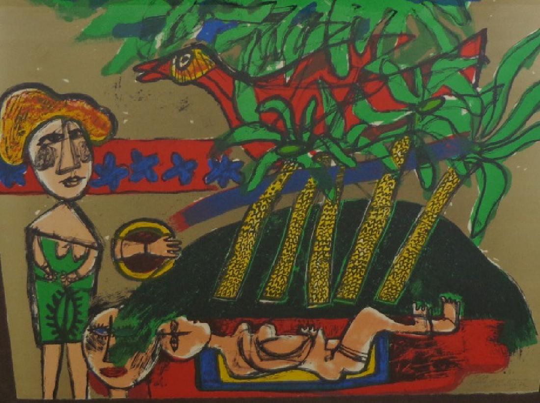 *CORNEILLE, GUILLAUME: (1922-2010 European) "Scene Mexicano", framed colored lithograph, signed and dated 1972 lower right, approximate work size 19 5/8" x 26", frame 23" x 29".