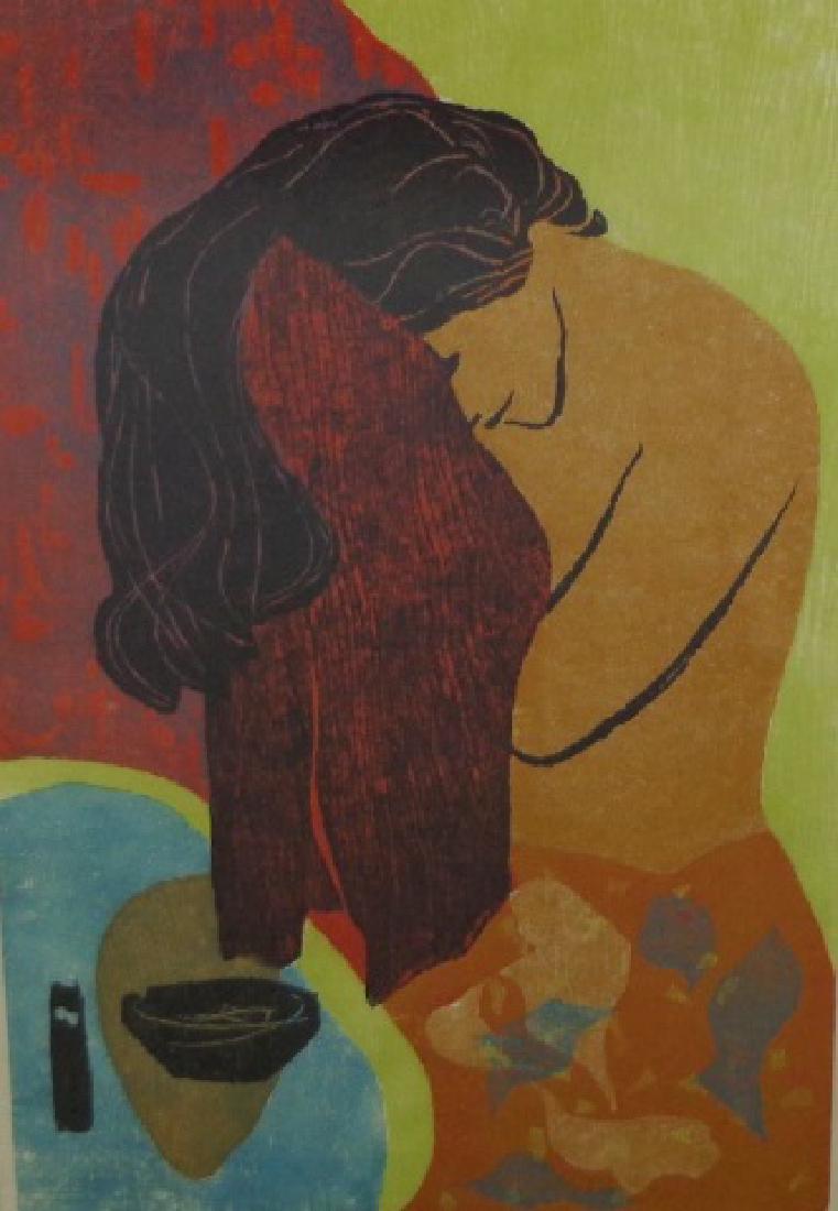 CURRIE, BRUCE: (Born 1911 American) "Morning", framed colored woodcut on paper, signed under mat lower right, having a label from The Associated American Artist Group on verso, approximate work size 22 3/8" x 15 1/2