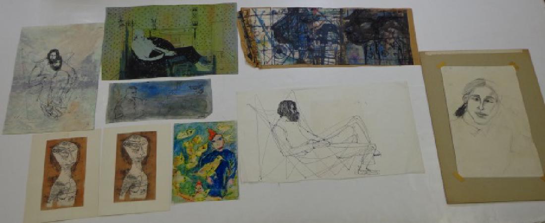 *BRODY, IRIS: (Mid 20th C. American) Group of unframed ink drawings and watercolors depicting abstracts and figural scenes, together with couple of Paul Klee prints, various sizes.