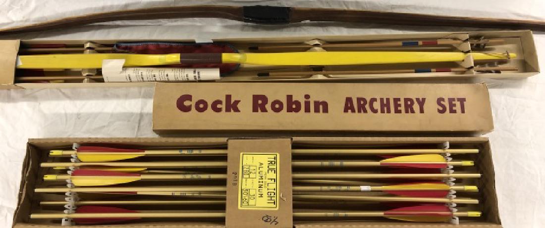*GROUP OF ARCHERY ITEMS: Ben Pearson Cock Robin archery set, wooden bow, and True Flight aluminum arrows.