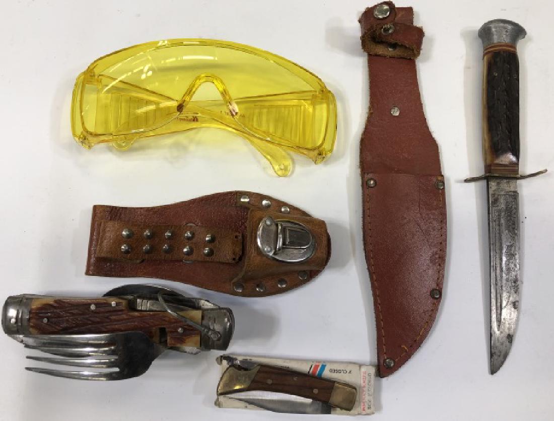 *3 KNIVES: 1 marked "Overland Solingen, Germany" and has etched Native American and buffalo decoration, pocket knife, and Swiss army knife, together with pair of goggles.