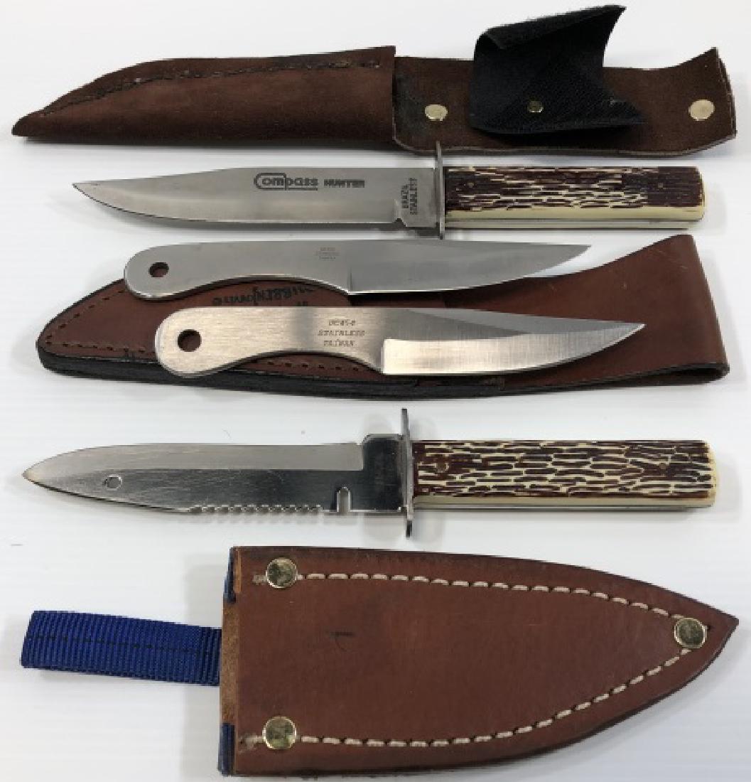*4 KNIVES: 2 with faux bone handles and 2 Gil Hibben throwing knives, all in leather sheaths.