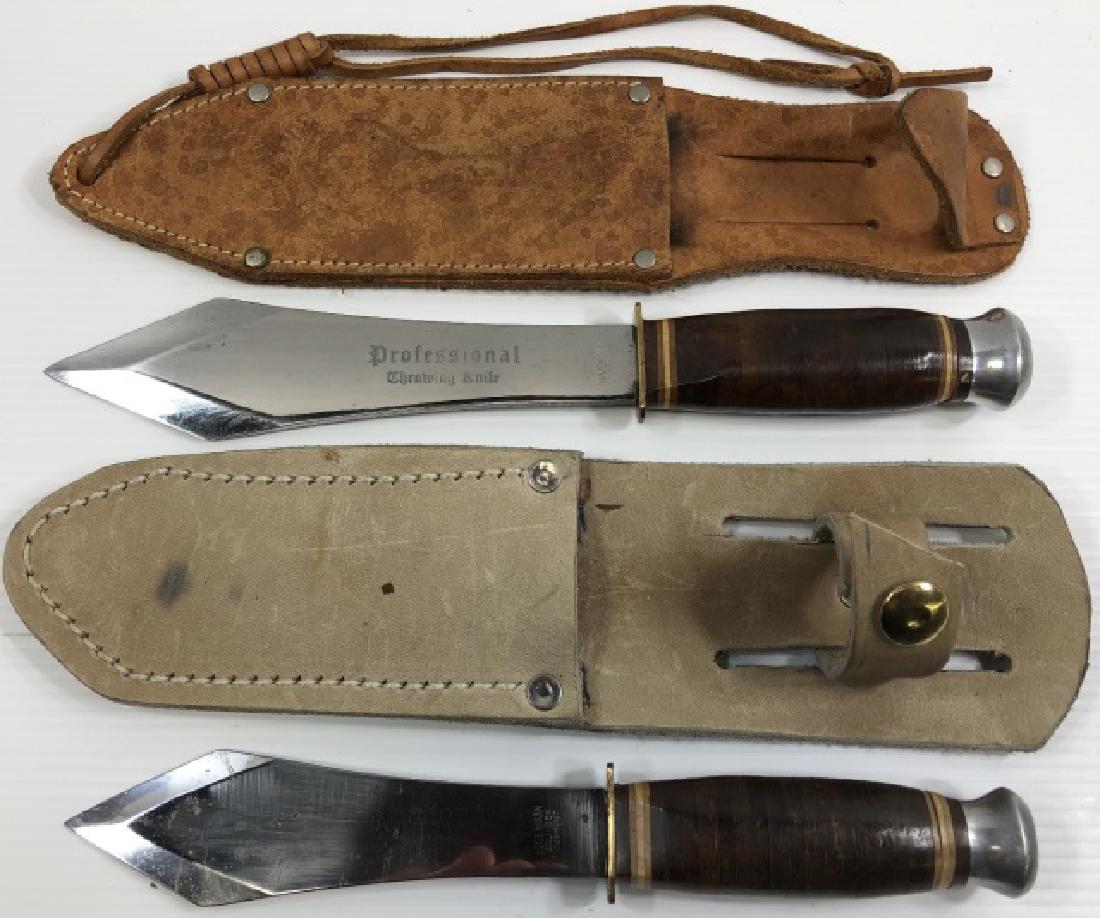 *2 KNIVES: Both marked "Professional throwing knife, Edgemark Solingen, Germany, numbered 417 and 418, both with leather sheaths.