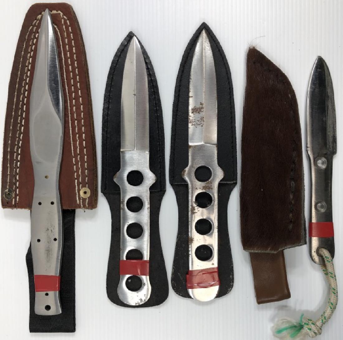*4 HANDMADE THROWING KNIVES: 3 with leather sheaths, 1 with hide sheath.