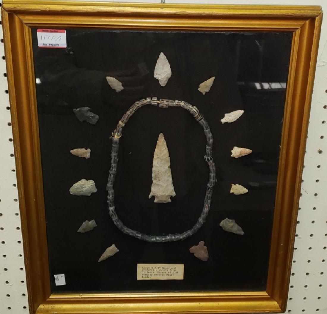 *GROUP OF FRAMED STONE ARTIFACTS: Spear head and points with necklace, approximate frame size 20 1/4" x 16 7/8".