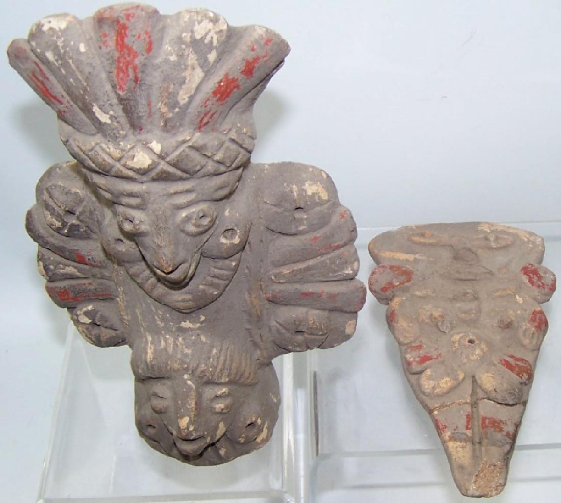 *2 PRE-COLUMBIAN STYLE POTTERY FIGURES: Totem pole style, approximate height 7 5/8", and flat figure, height 5 3/4". Note: Found in Huandacareo Michoacan, Mexico near Chupicuaro tribe.