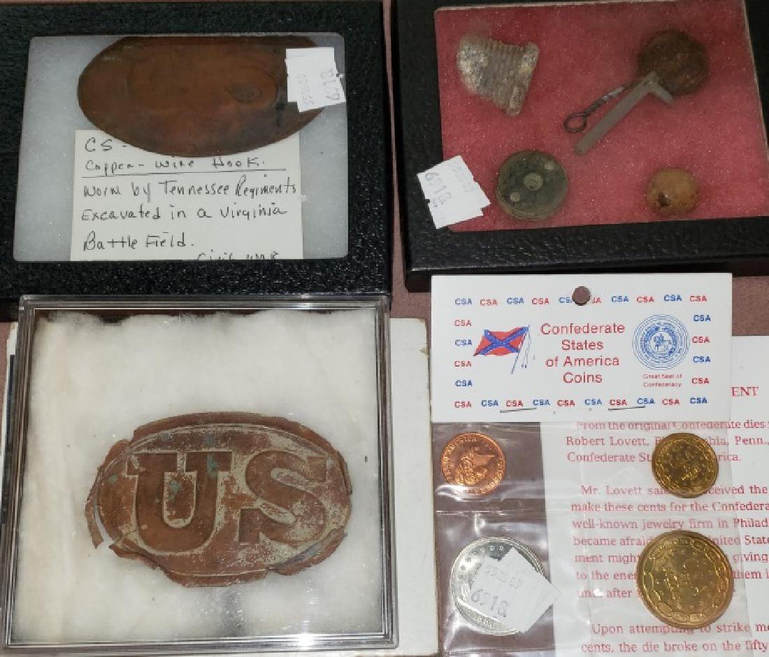 GROUP OF MILITARY COLLECTIBLES: Confederate belt buckle worn by Tennessee regiment, excavated in Virginia battlefield, restrike of Confederate coins, US belt buckle and map where it was found, Civil War artifacts excavated from Dalt