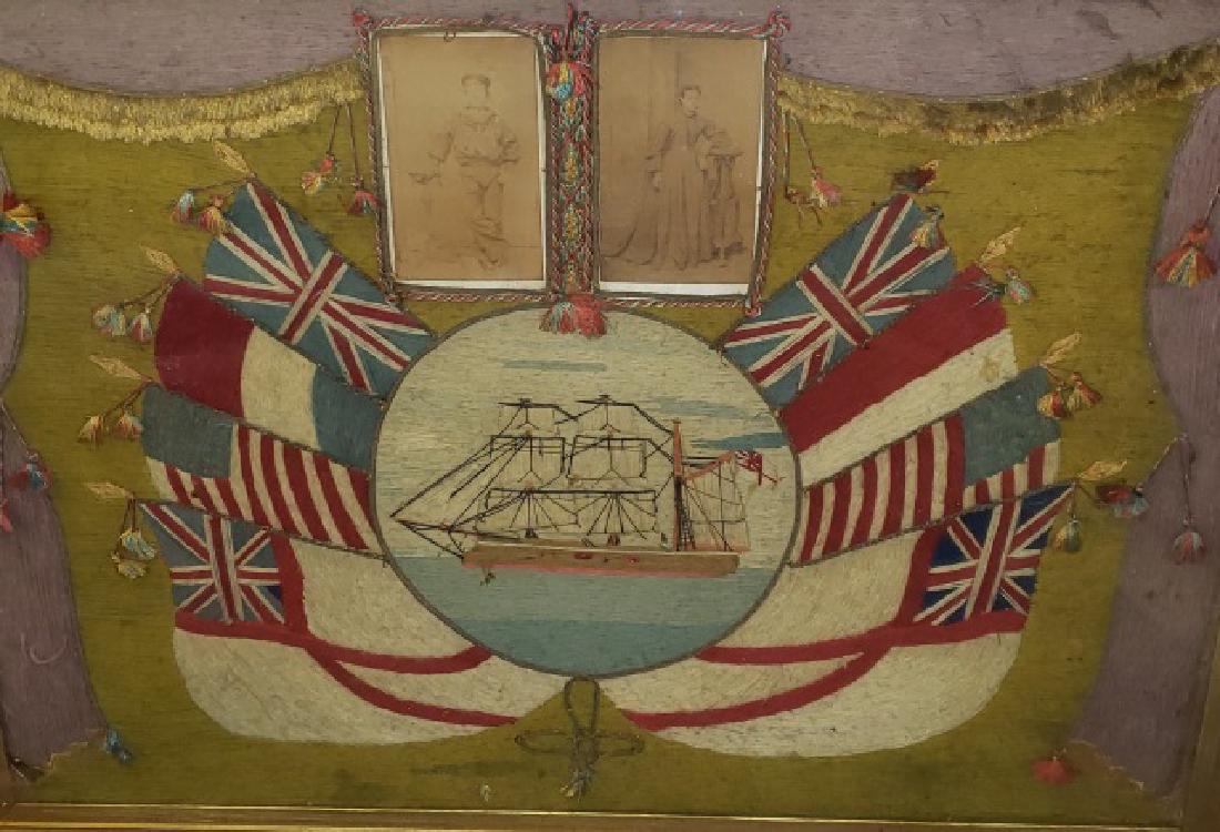 *SAILOR MEMORIAL: Depicting hand stitching of a ship and several US, French, and English flags, maker unknown.