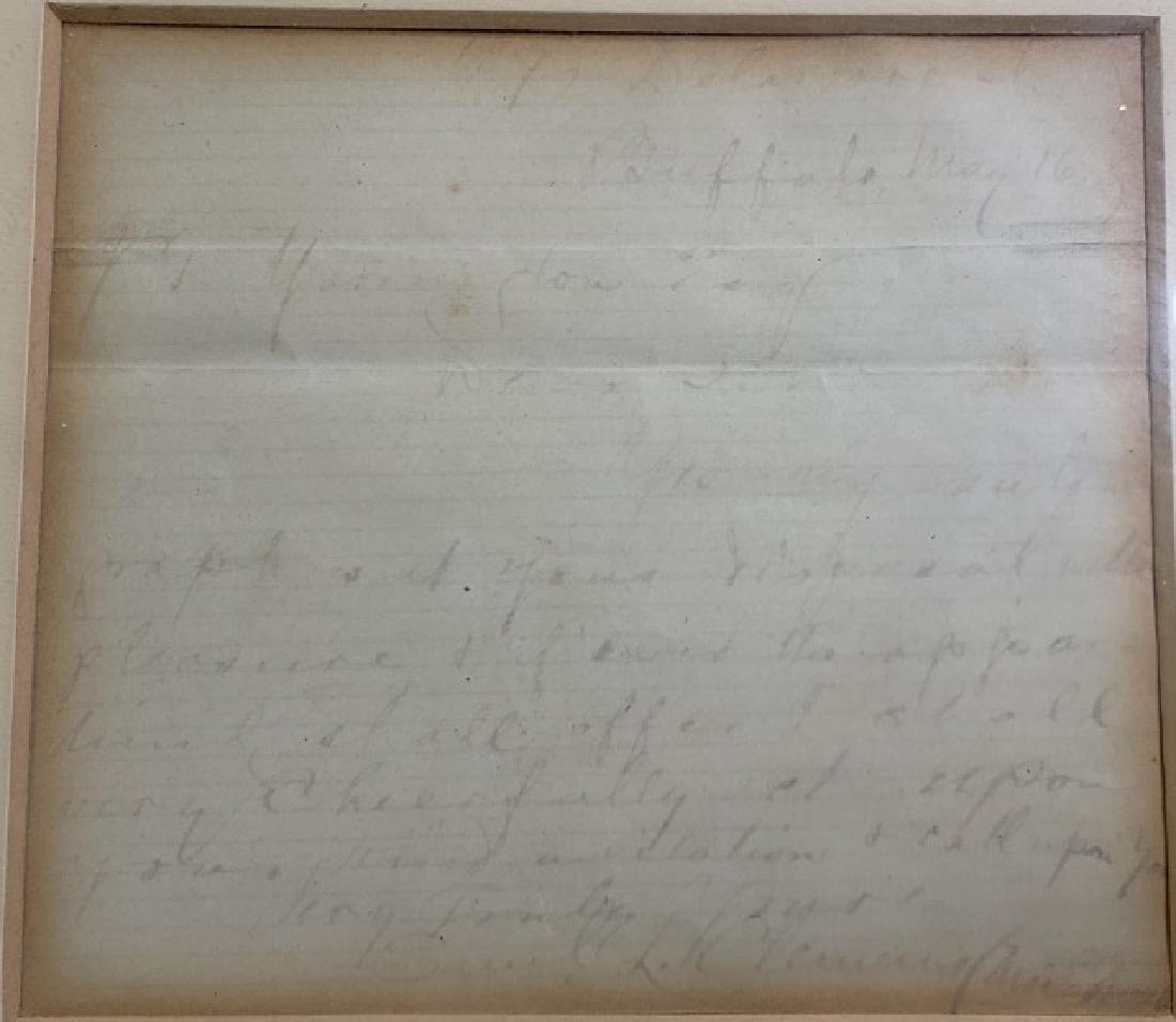 *SAMUEL CLEMENS (MARK TWAIN) SIGNED LETTER: Buffalo May 16, signed on bottom "Samuel L Clemens "Mark Twain"", letter approximately 3 3/8" x 3 3/4", frame 7 1/8" x 7 1/8".
