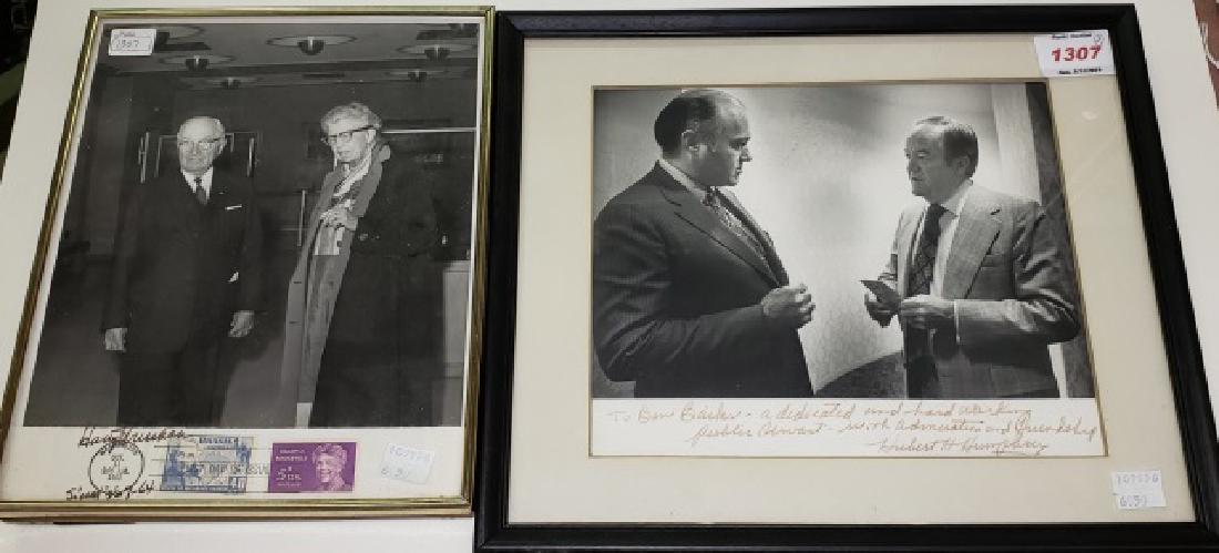 *2 AUTOGRAPHED PHOTOS: Harry Truman and Eleanor Roosevelt signed by Truman, and Hubert Humphrey and Ben Bailar signed by Humphrey.
