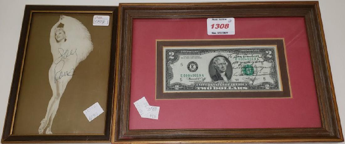 *2 PIECES: Photograph autographed by Sally Rand and $2 bill signed "To Ben Barlone, best wishes always" by William E. Simon.
