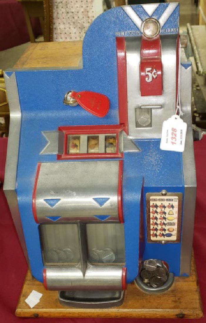 *MILL'S 5-CENT SLOT MACHINE: Enclosed in Art Deco style case, complete with key.