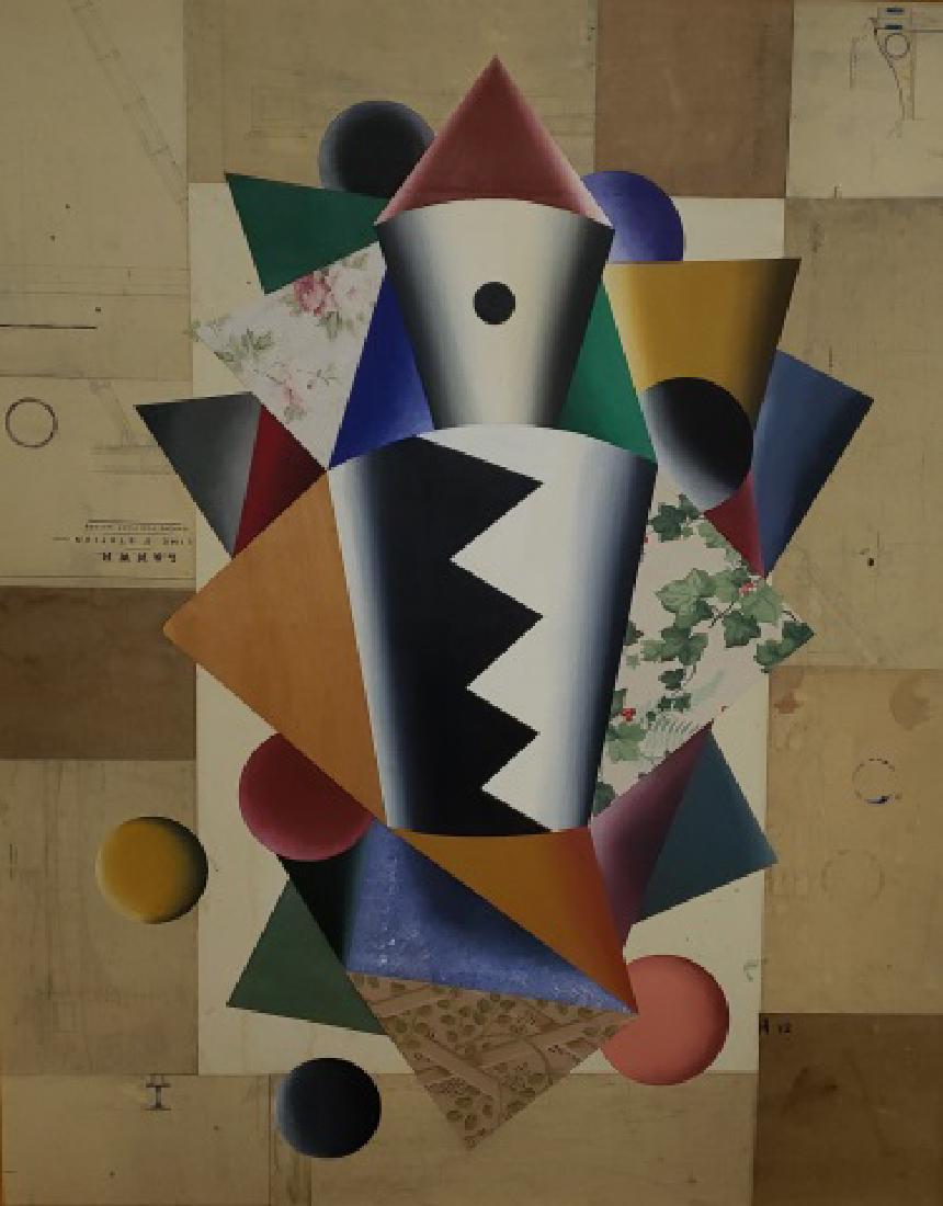 RIZZIE, DAN: (Born 1951 American) "Saga Ponac", framed mixed media composition with paints and cut out collage mounted to plywood panel, signed and dated 1989 on verso, approximate work size 60" x 48", frame 63 1/