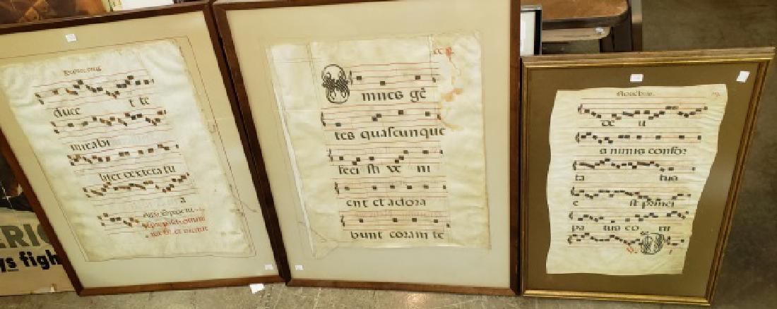 *3 PIECES OF ANTIQUE EUROPEAN SHEET MUSIC: Handwritten on vellum parchment, having Latin text, 1 approximate work size 21" x 12 1/2", frame 27" x 18 1/2", 2 work size 25" x 18", frames 33" x 25".