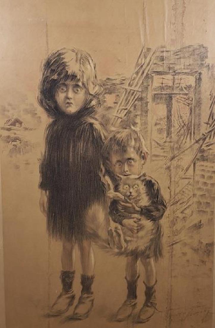 *NEUMONT, MAURICE: (1868-1930 French) WWI Propaganda Poster against the Germans, depicting younger homeless girl and boy, framed stone lithograph, made before lettering in a limited edition hand signed edition, mounted