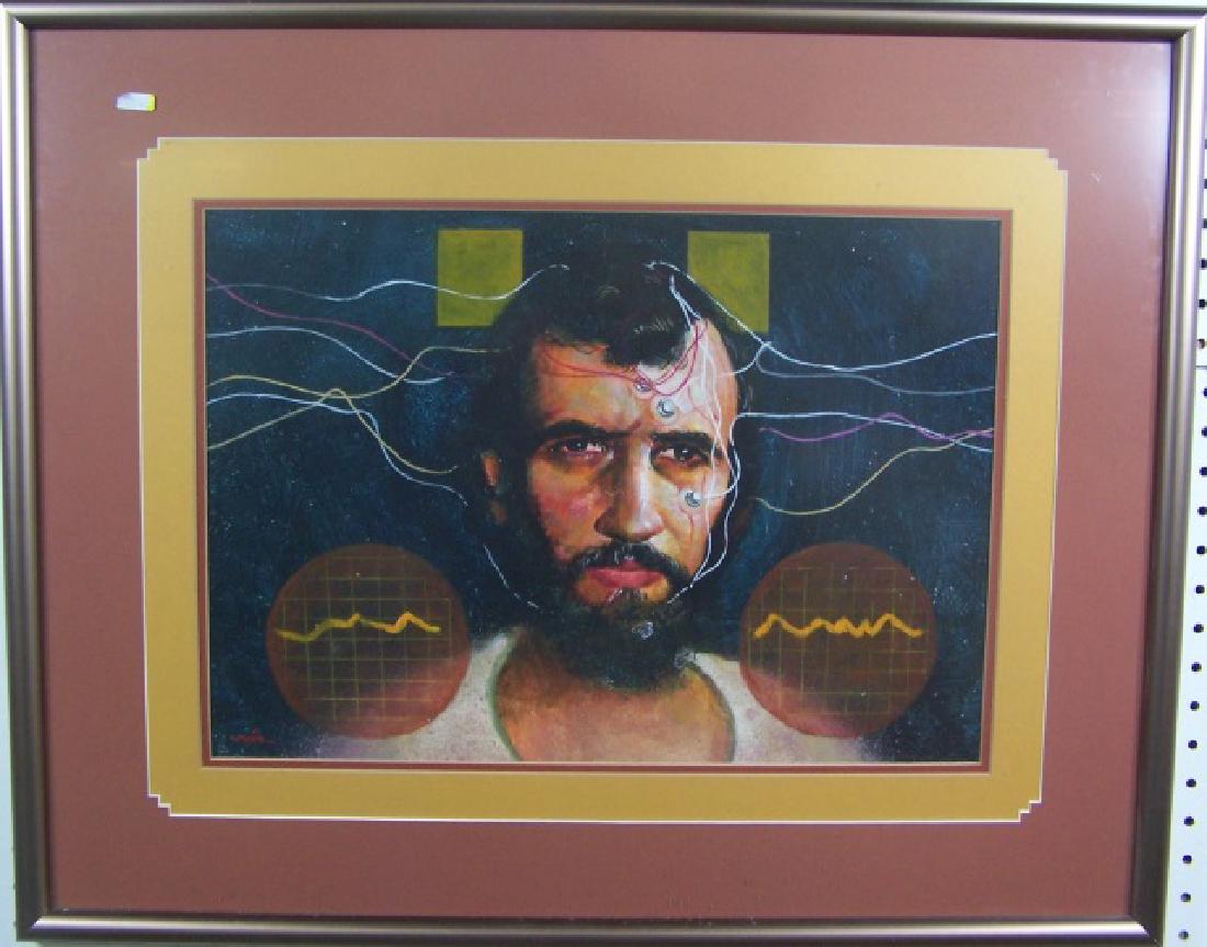 *MAITZ, DON: (Born 1953 American) Possibly titled "Electronic Man", framed tempera on thin board signed lower left, approximate work size 13 1/2" x 19", frame 23" x 29".