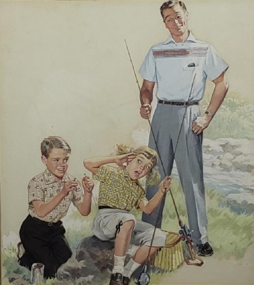 UNKNOWN ARTIST: (Mid-20th C. American School) Advertising illustration depicting father with children fishing, framed tempera on illustrator board, approximately 17" x 15", frame 31 1/2" x 26 1/2".