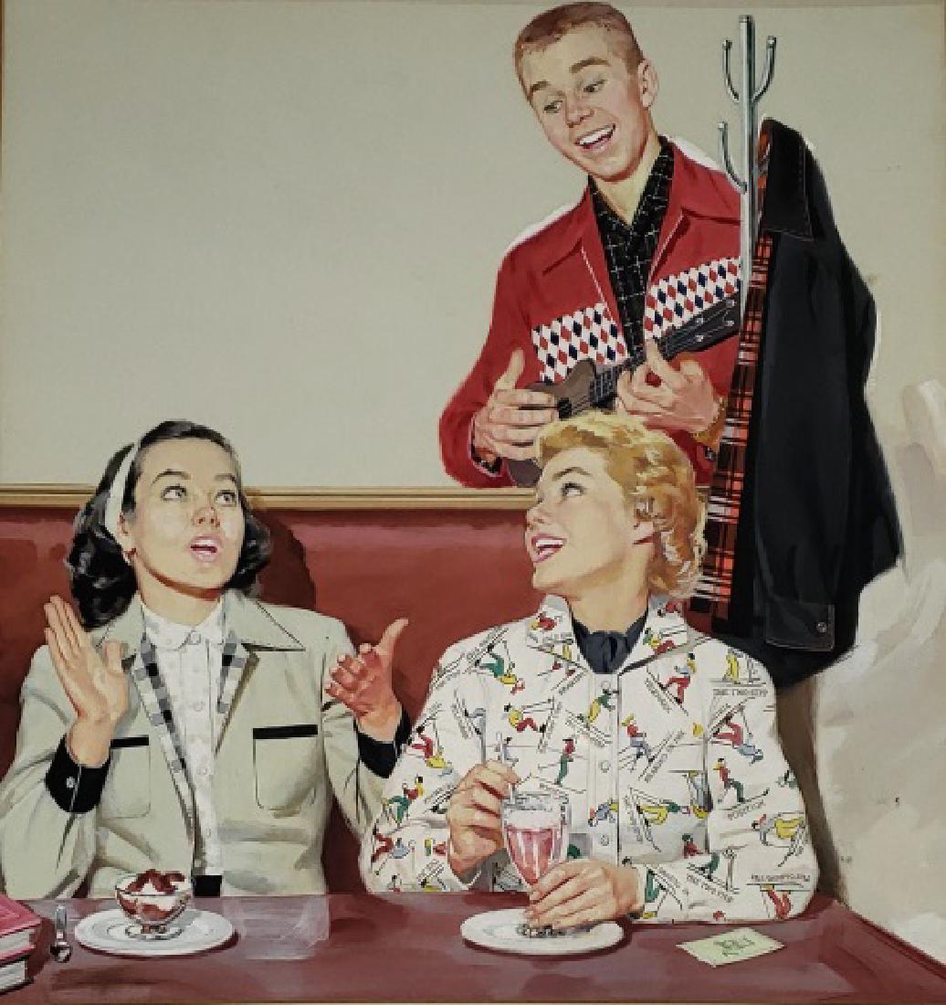 UNKNOWN ARTIST: (Mid-20th C. American School) Advertising illustration depicting diner interior scene with figures, framed tempra on illustrator board, approximately 15 1/2" x 14 1/2", frame 31 1/2" x 26 1/2".