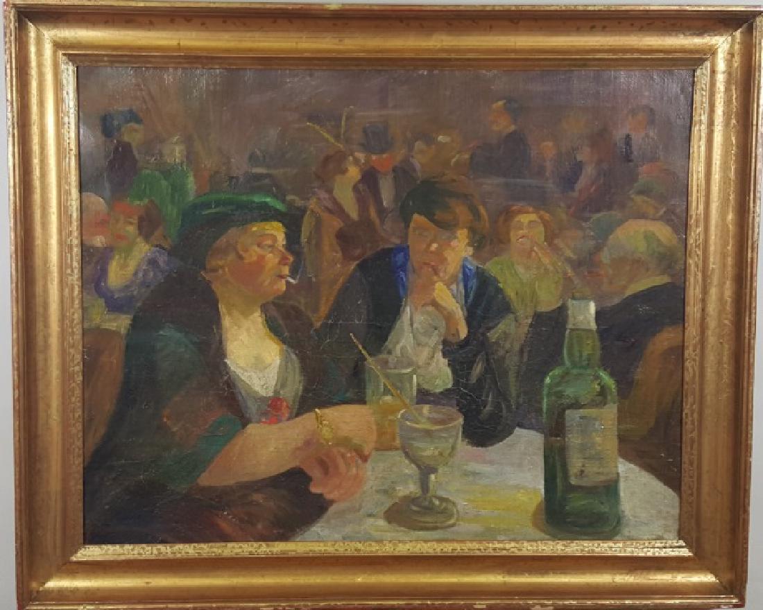 *UNKNOWN ARTIST: (Early 20th C. Scandinavian School) Interior cafe scene, framed oil on coarse canvas, unsigned, approximate work size 21 1/4" x 26 3/4", frame 26" x 31".