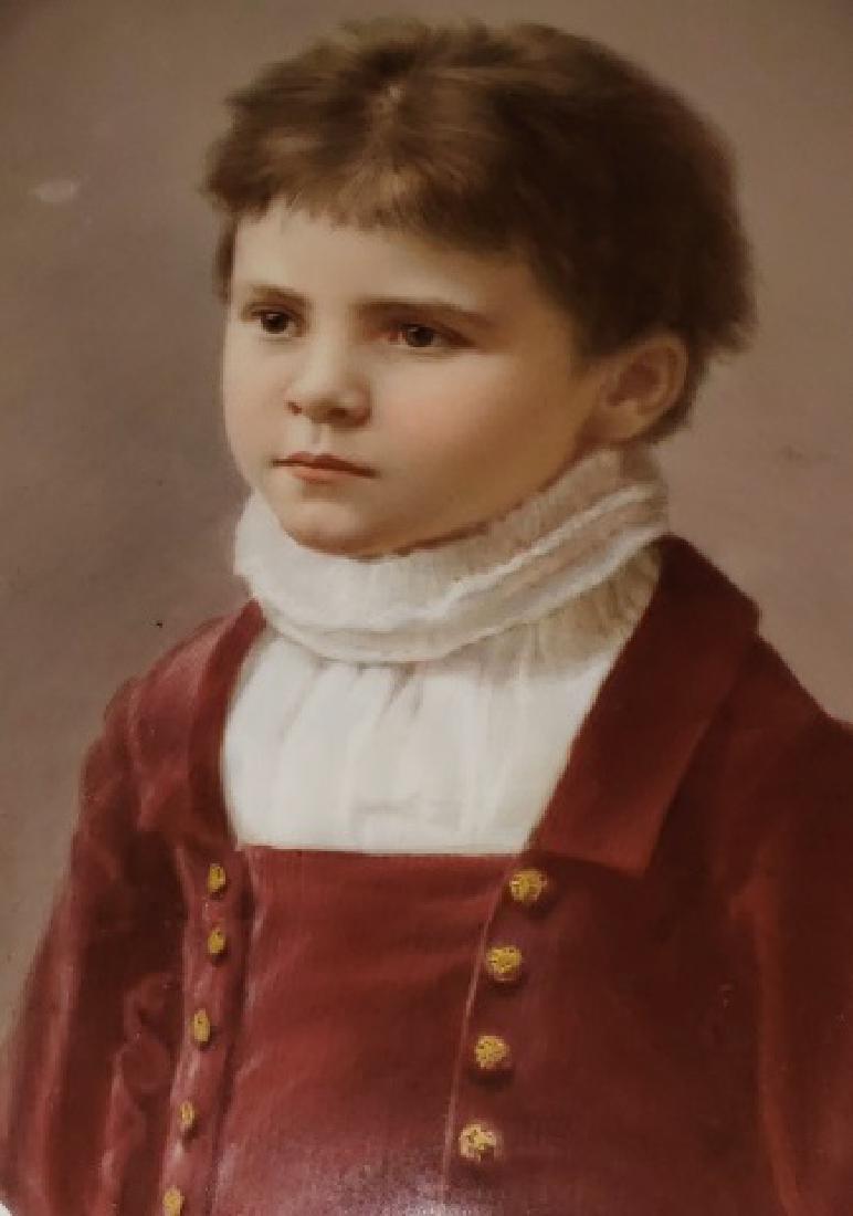 *KPM HAND-PAINTED PLAQUE DECORATED BY JOSEF AHNE: (1830-1906 German) Portrait of young boy, signed lower right, has "KPM" and "IH 3" embossed in the porcelain on verso, approximately 7" x 5".