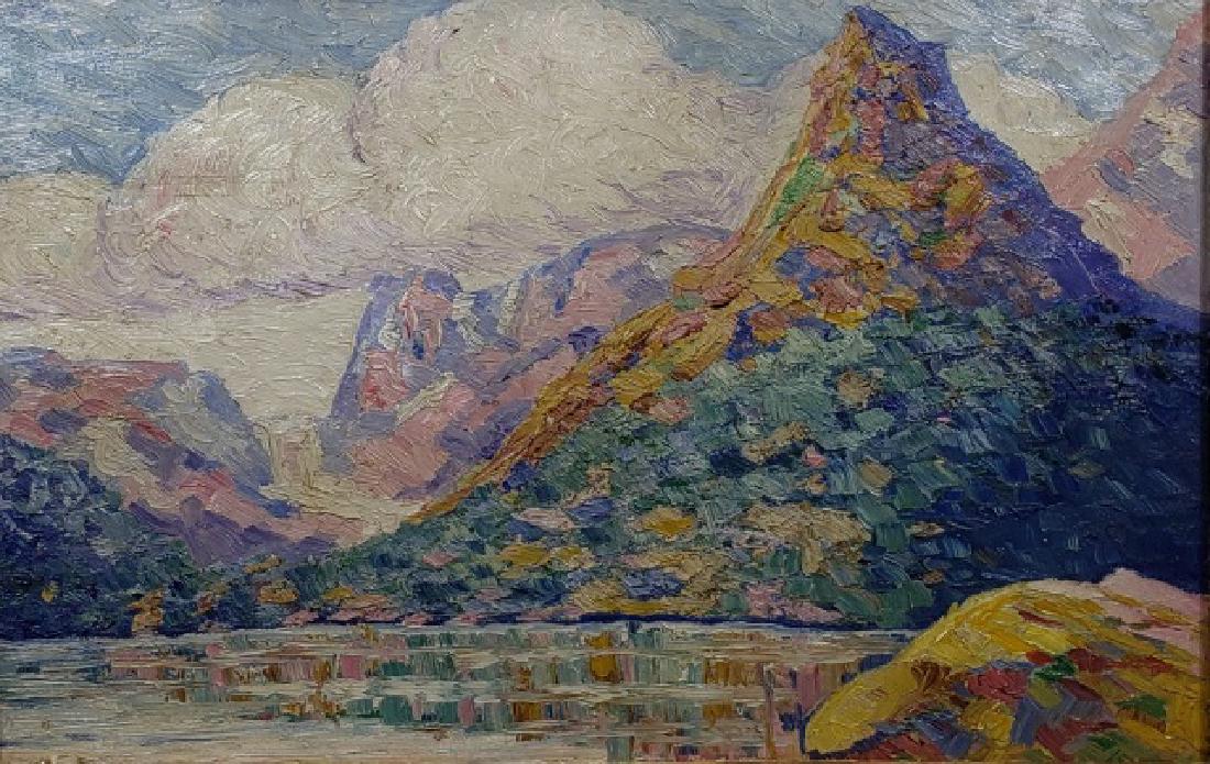 *BIRGER, SANDZEN (STYLE OF): Ca. 1920s-1930s, impasto painted style, impressionist oil on board, depicting river landscape, approximately 15" x 23", with frame 19 1/2" x 27 1/2".