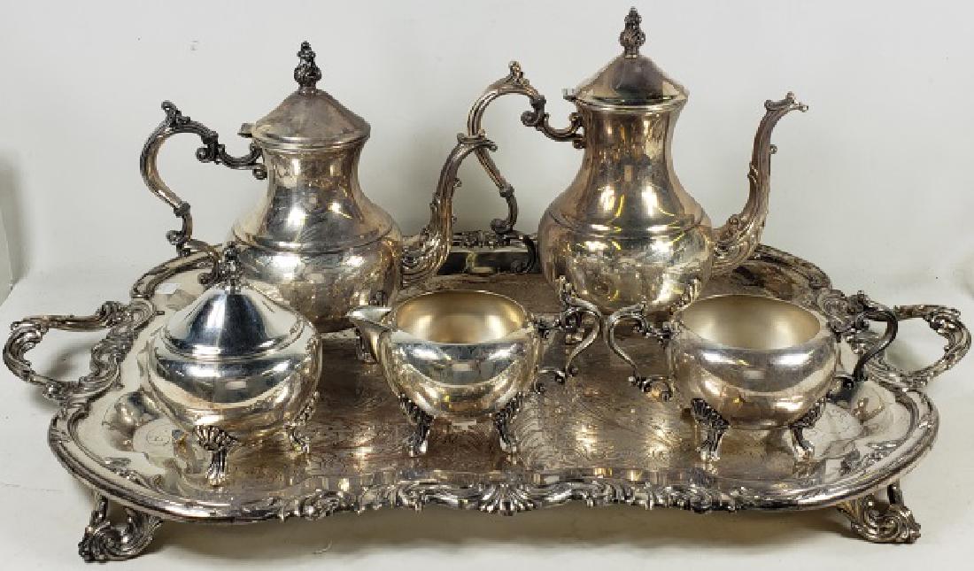 *6-PIECE SILVERPLATE COFFEE SERVICE BY FB ROGERS: Coffee server approximate height 11", tea server approximate height 10 1/2", tray approximate width 29", spill, creamer, and sugar.