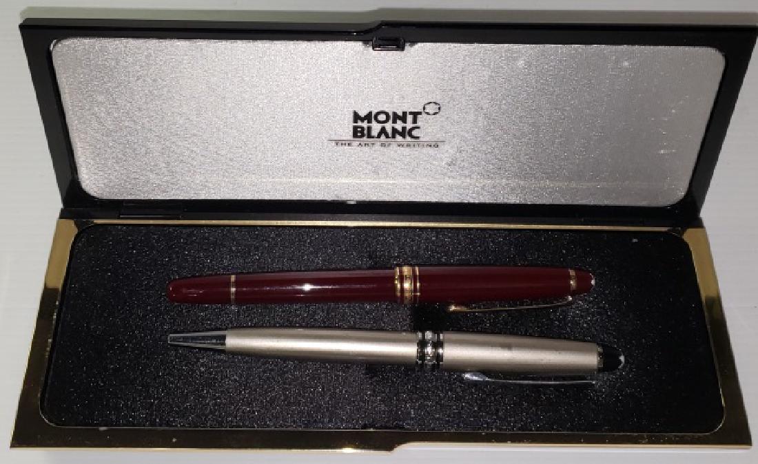 *2-PIECE MONTBLANC PEN SET: 1 ballpoint with white metal case and 1 fountain with gold trim.