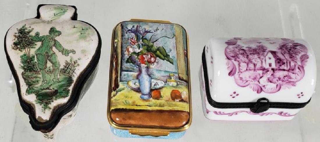 *3 PORCELAIN TRINKET BOXES: 1 unmarked, 1 with dome top marked "Limoges", and 1 decorated after Paul Cezanne titled "Blue Vase".