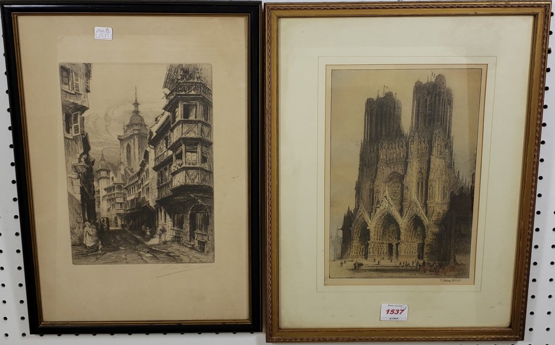 *2 FRAMED ETCHINGS: Street scene by Chamille Fonce, signed lower right margin, approximate size with frame 18 1/2" x 13", and architectural scene by James Alphege Brewer, signed lower right margin, approximate size with 