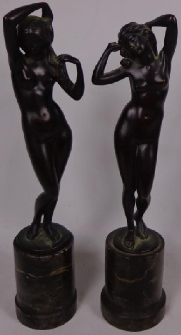 *ECKART, LISSY: (1891-1974 German) 2 bronze sculptures on marble plinths, standing female nudes, signed, have foundry mark "Reiter Munchen, Germany", approximate heights 14" and 14 1/4".